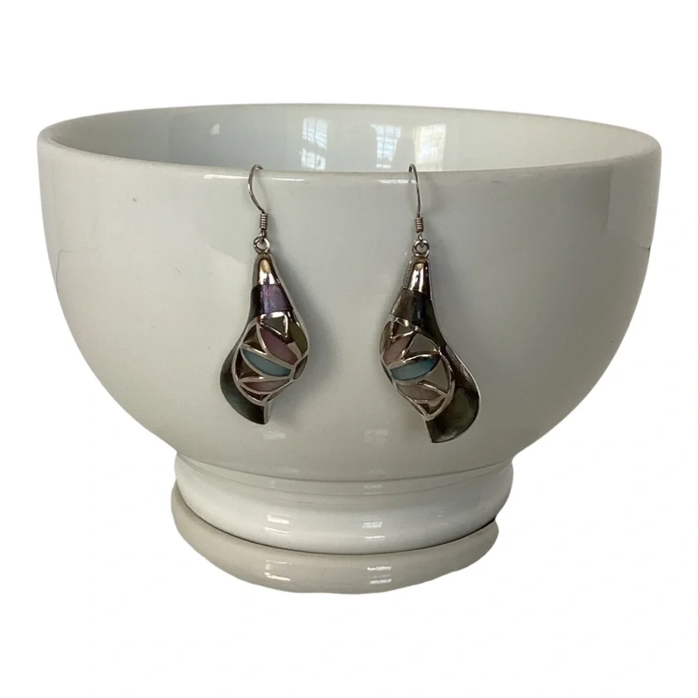 925 Sterling Silver Iridescent MOP Drop Hook Earrings Pink Blue Purple Green EUC - Picture 2 of 14